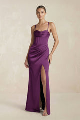 Cami Strap Corset Sheath Satin Ruched Bridesmaid Dress in Plum - KISS BRIDAL Bridesmaid Dresses