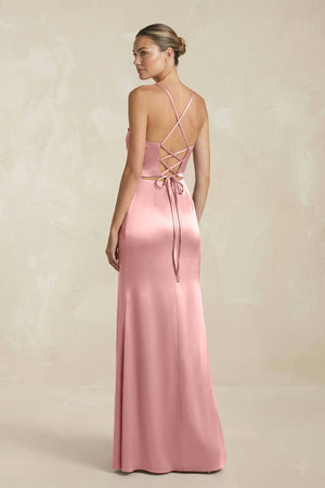 Cami Strap Corset Sheath Satin Ruched Bridesmaid Dress in Rosette - KISS BRIDAL Bridesmaid Dresses