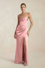 Cami Strap Corset Sheath Satin Ruched Bridesmaid Dress in Rosette - KISS BRIDAL Bridesmaid Dresses