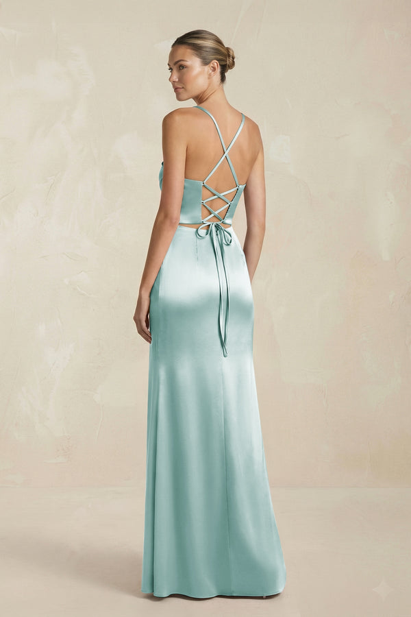 Cami Strap Corset Sheath Satin Ruched Bridesmaid Dress in Sage - KISS BRIDAL Bridesmaid Dresses