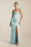 Cami Strap Corset Sheath Satin Ruched Bridesmaid Dress in Sage - KISS BRIDAL Bridesmaid Dresses