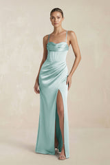 Cami Strap Corset Sheath Satin Ruched Bridesmaid Dress in Sage - KISS BRIDAL Bridesmaid Dresses