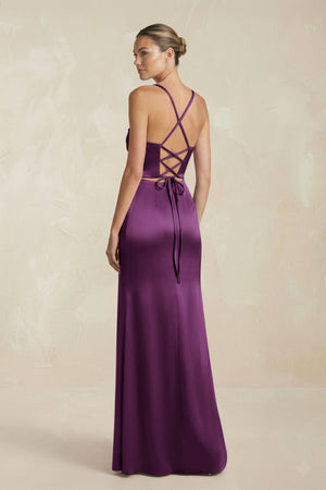 Cami Strap Corset Sheath Satin Ruched Bridesmaid Dress in Sangria - KISS BRIDAL Bridesmaid Dresses