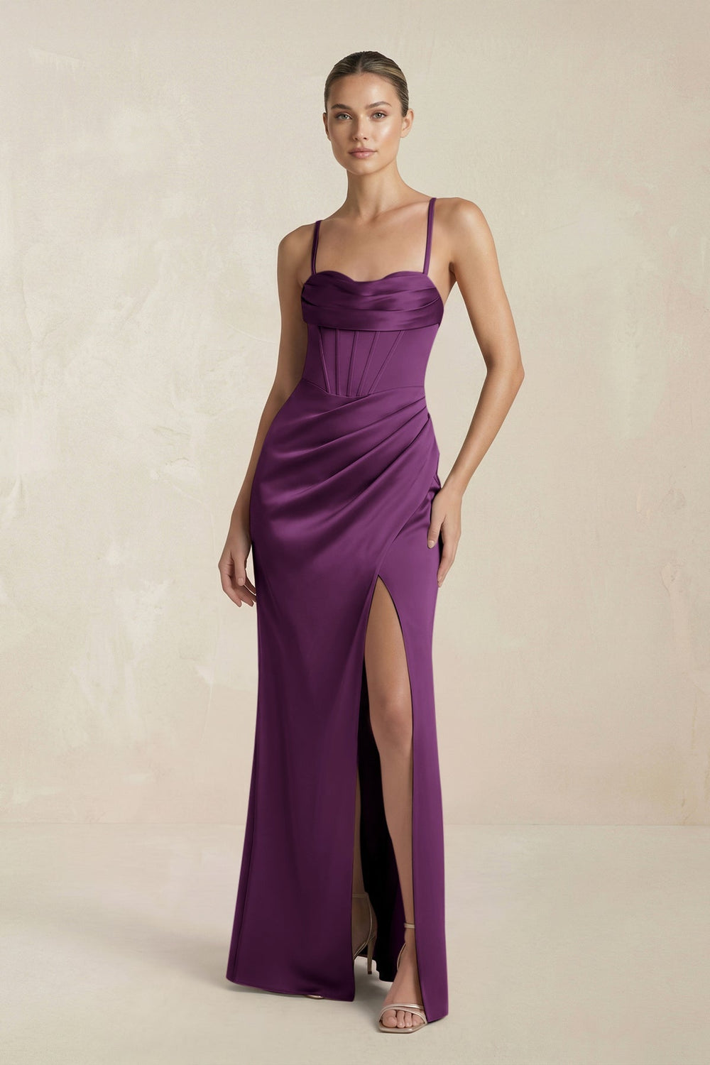 Cami Strap Corset Sheath Satin Ruched Bridesmaid Dress in Sangria - SHE IS ME Bridesmaid Dresses