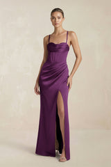 Cami Strap Corset Sheath Satin Ruched Bridesmaid Dress in Sangria - KISS BRIDAL Bridesmaid Dresses