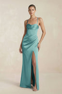 Cami Strap Corset Sheath Satin Ruched Bridesmaid Dress in Sea Glass - KISS BRIDAL Bridesmaid Dresses