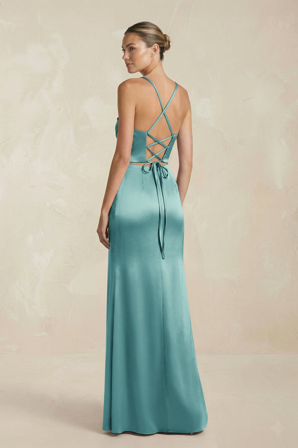 Cami Strap Corset Sheath Satin Ruched Bridesmaid Dress in Sea Glass - KISS BRIDAL Bridesmaid Dresses
