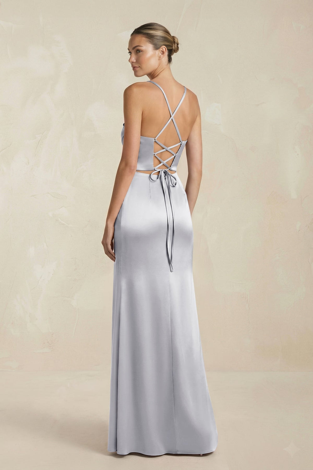 Cami Strap Corset Sheath Satin Ruched Bridesmaid Dress in Silver - SHE IS ME Bridesmaid Dresses