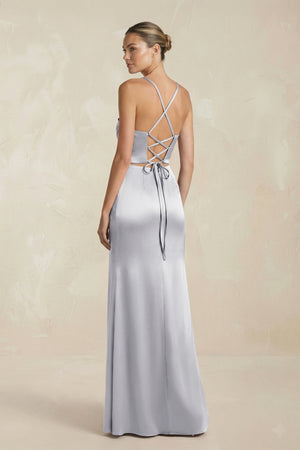 Cami Strap Corset Sheath Satin Ruched Bridesmaid Dress in Silver - KISS BRIDAL Bridesmaid Dresses