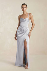 Cami Strap Corset Sheath Satin Ruched Bridesmaid Dress in Silver - KISS BRIDAL Bridesmaid Dresses
