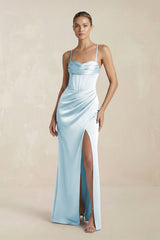 Cami Strap Corset Sheath Satin Ruched Bridesmaid Dress in Sky Blue - KISS BRIDAL Bridesmaid Dresses