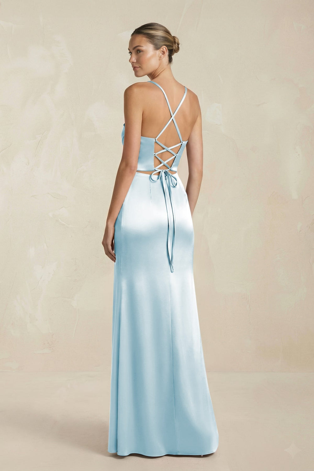 Cami Strap Corset Sheath Satin Ruched Bridesmaid Dress in Sky Blue - KISS BRIDAL Bridesmaid Dresses