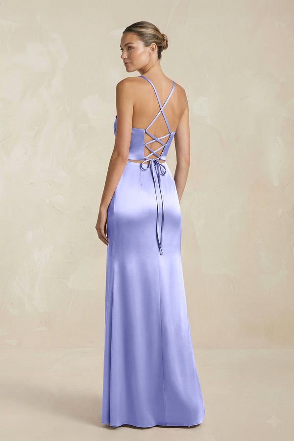 Cami Strap Corset Sheath Satin Ruched Bridesmaid Dress in Steel Blue - KISS BRIDAL Bridesmaid Dresses