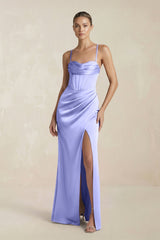 Cami Strap Corset Sheath Satin Ruched Bridesmaid Dress in Steel Blue - KISS BRIDAL Bridesmaid Dresses
