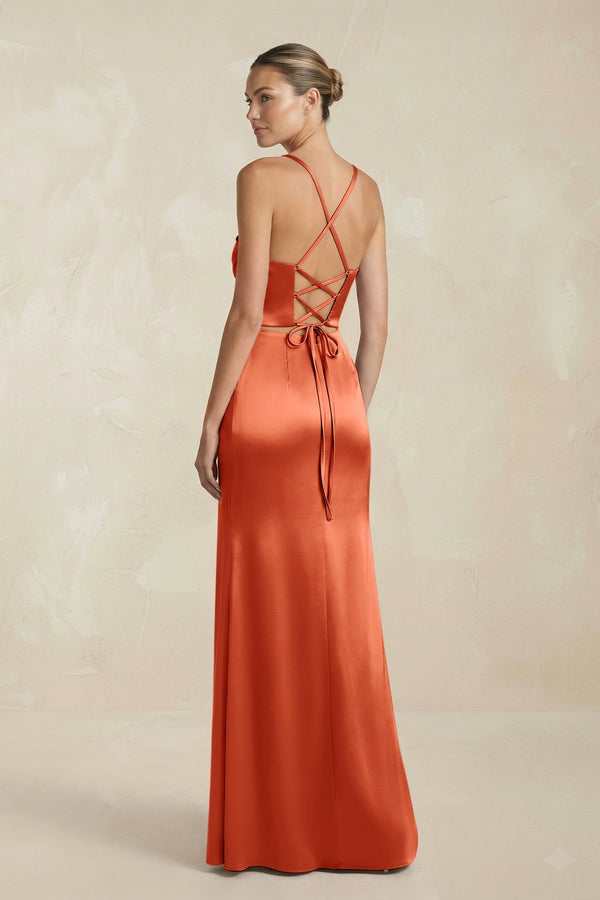 Cami Strap Corset Sheath Satin Ruched Bridesmaid Dress in Terracotta - KISS BRIDAL Bridesmaid Dresses