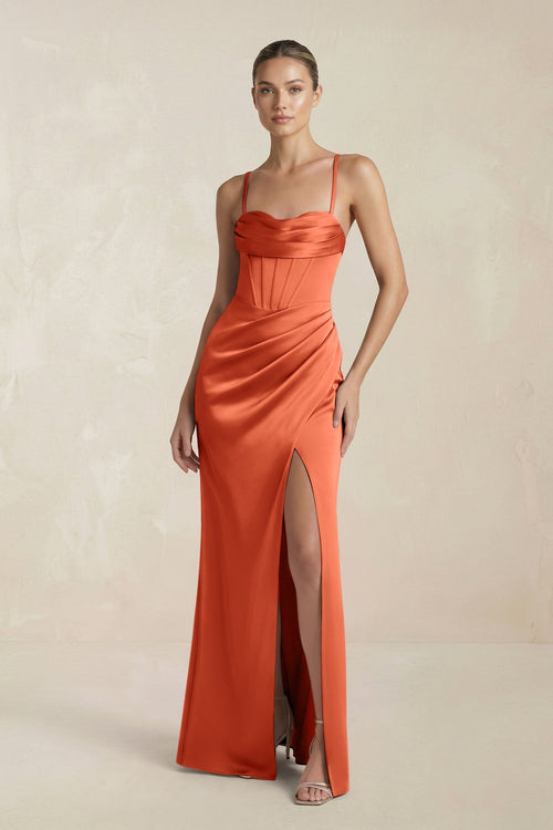 Cami Strap Corset Sheath Satin Ruched Bridesmaid Dress in Terracotta - KISS BRIDAL Bridesmaid Dresses