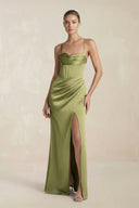 Cami Strap Corset Sheath Satin Ruched Bridesmaid Dress in Thyme - KISS BRIDAL Bridesmaid Dresses