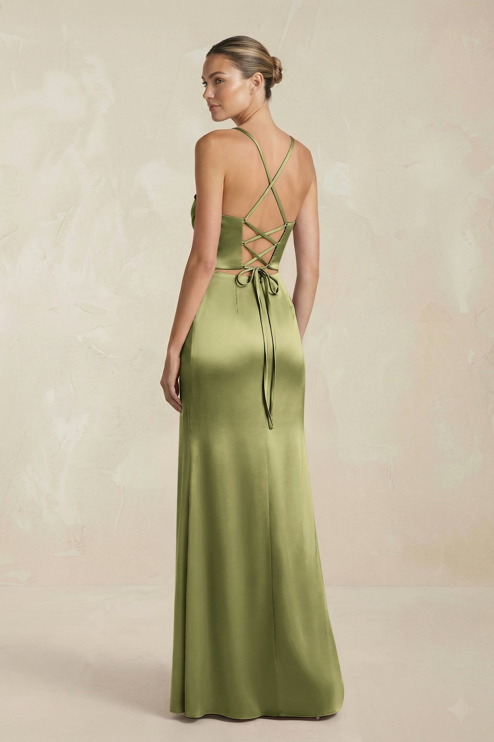 Cami Strap Corset Sheath Satin Ruched Bridesmaid Dress in Thyme - KISS BRIDAL Bridesmaid Dresses
