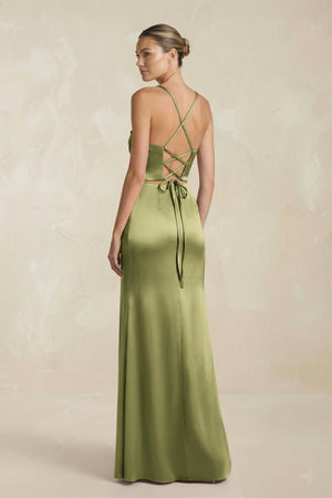 Cami Strap Corset Sheath Satin Ruched Bridesmaid Dress in Thyme - KISS BRIDAL Bridesmaid Dresses