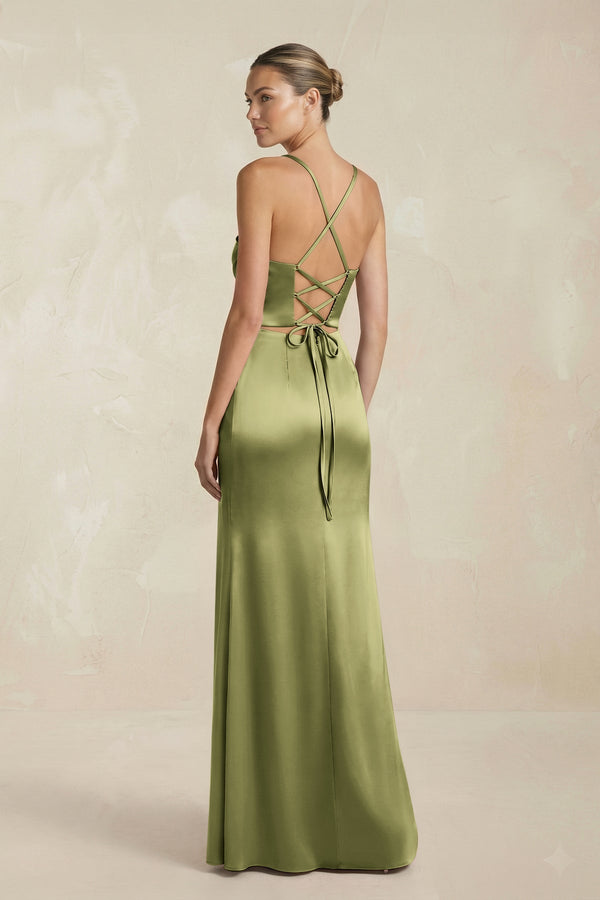 Cami Strap Corset Sheath Satin Ruched Bridesmaid Dress in Thyme - KISS BRIDAL Bridesmaid Dresses