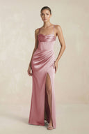 Cami Strap Corset Sheath Satin Ruched Bridesmaid Dress in Toffee - KISS BRIDAL Bridesmaid Dresses