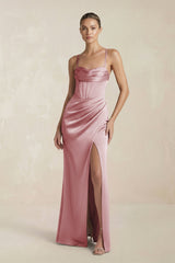 Cami Strap Corset Sheath Satin Ruched Bridesmaid Dress in Toffee - KISS BRIDAL Bridesmaid Dresses