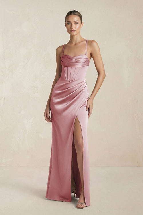 Cami Strap Corset Sheath Satin Ruched Bridesmaid Dress in Toffee - KISS BRIDAL Bridesmaid Dresses