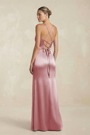 Cami Strap Corset Sheath Satin Ruched Bridesmaid Dress in Toffee - KISS BRIDAL Bridesmaid Dresses