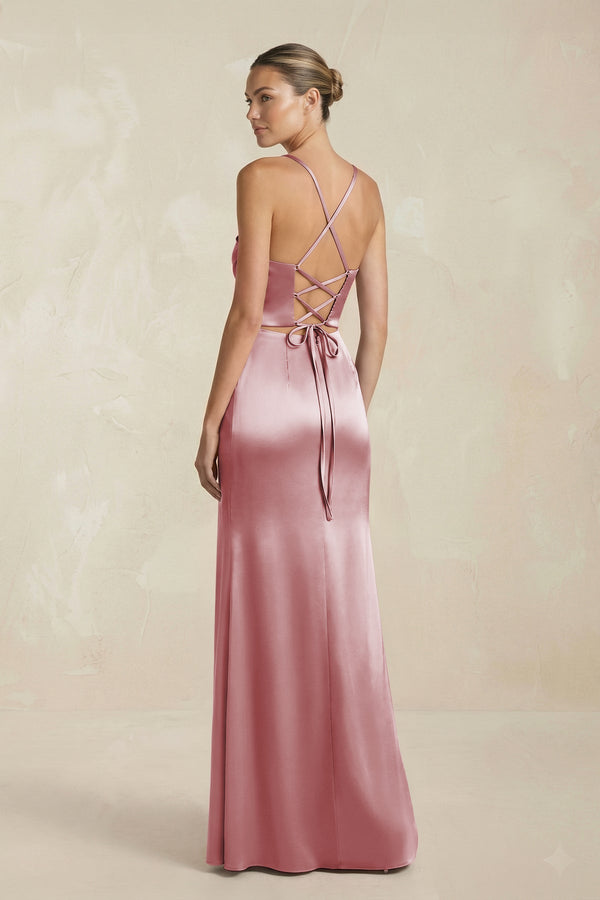 Cami Strap Corset Sheath Satin Ruched Bridesmaid Dress in Toffee - KISS BRIDAL Bridesmaid Dresses