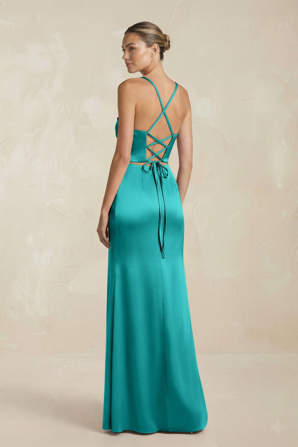Cami Strap Corset Sheath Satin Ruched Bridesmaid Dress in Turquoise - SHE IS ME Bridesmaid Dresses
