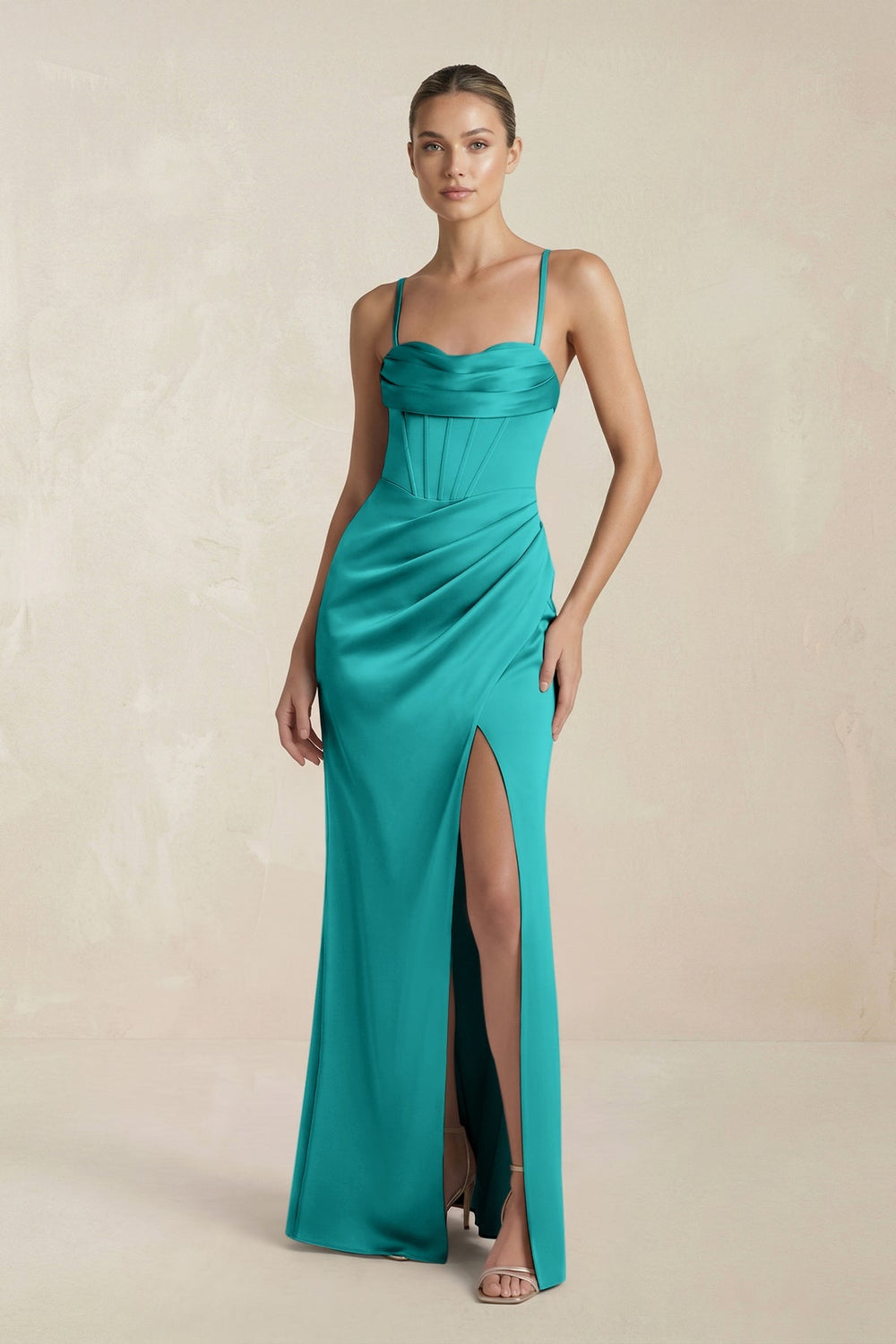 Cami Strap Corset Sheath Satin Ruched Bridesmaid Dress in Turquoise - SHE IS ME Bridesmaid Dresses