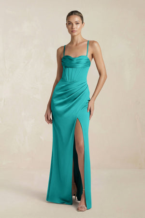 Cami Strap Corset Sheath Satin Ruched Bridesmaid Dress in Turquoise - SHE IS ME Bridesmaid Dresses
