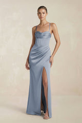 Cami Strap Corset Sheath Satin Ruched Bridesmaid Dress in Twilight - KISS BRIDAL Bridesmaid Dresses