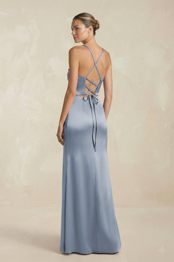 Cami Strap Corset Sheath Satin Ruched Bridesmaid Dress in Twilight - KISS BRIDAL Bridesmaid Dresses
