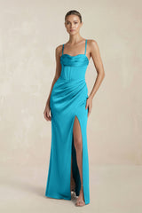 Cami Strap Corset Sheath Satin Ruched Bridesmaid Dress in Viridian Green - KISS BRIDAL Bridesmaid Dresses