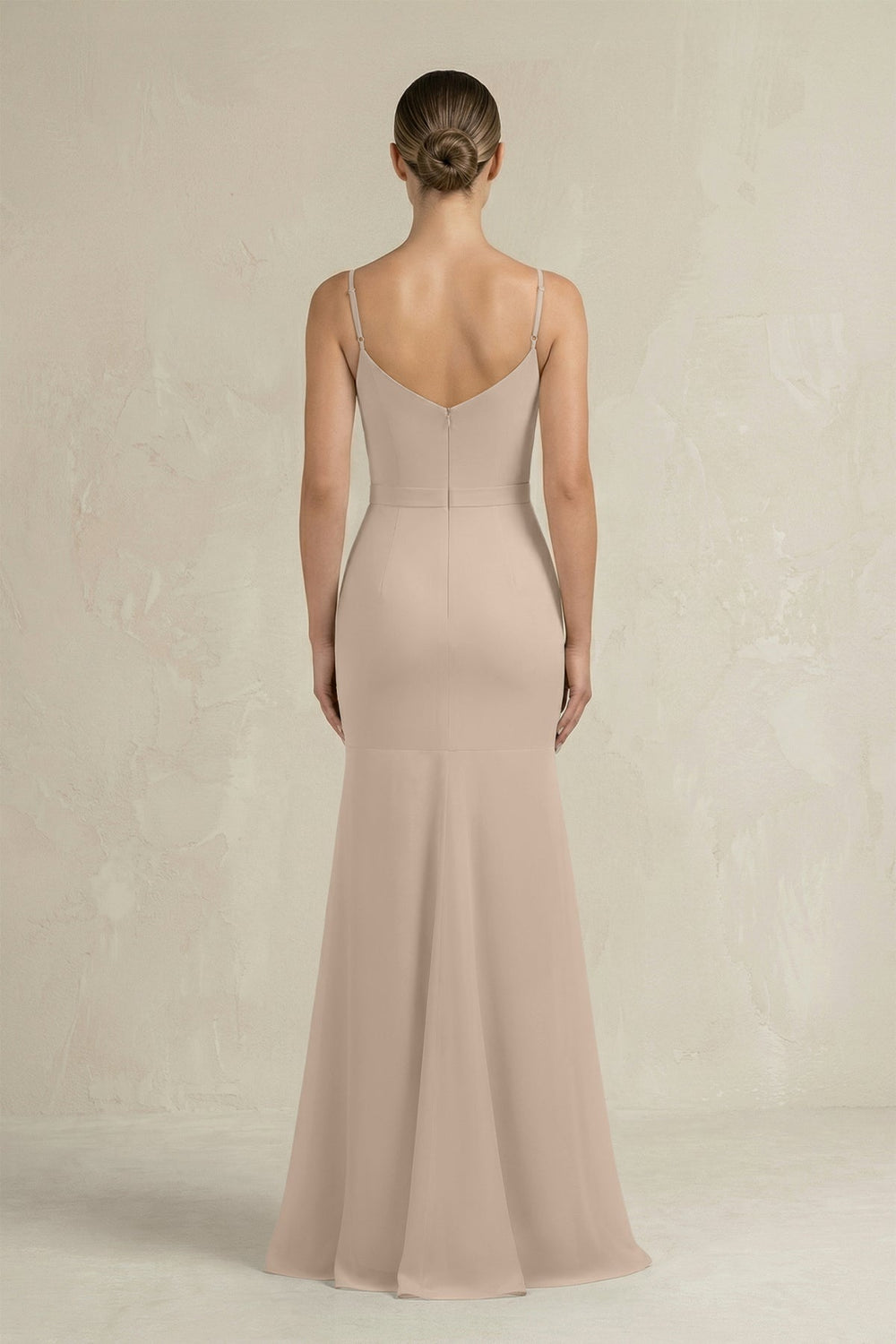 Cami Strap Mermaid Ruffled Chiffon Bridesmaid Dress in Almond - SHE IS ME Bridesmaid Dresses