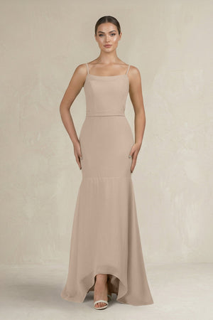 Cami Strap Mermaid Ruffled Chiffon Bridesmaid Dress in Almond - KISS BRIDAL Bridesmaid Dresses