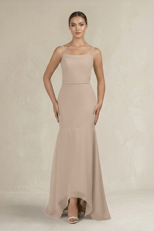 Cami Strap Mermaid Ruffled Chiffon Bridesmaid Dress in Almond - KISS BRIDAL Bridesmaid Dresses