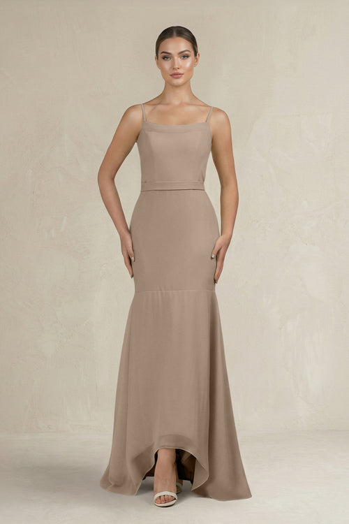 Cami Strap Mermaid Ruffled Chiffon Bridesmaid Dress in Almond | KISSBRIDAL