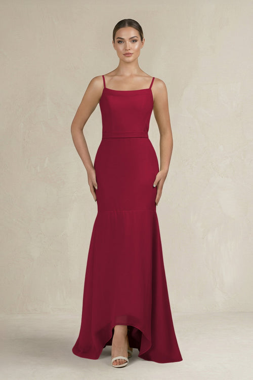Cami Strap Mermaid Ruffled Chiffon Bridesmaid Dress in Berry - KISS BRIDAL Bridesmaid Dresses