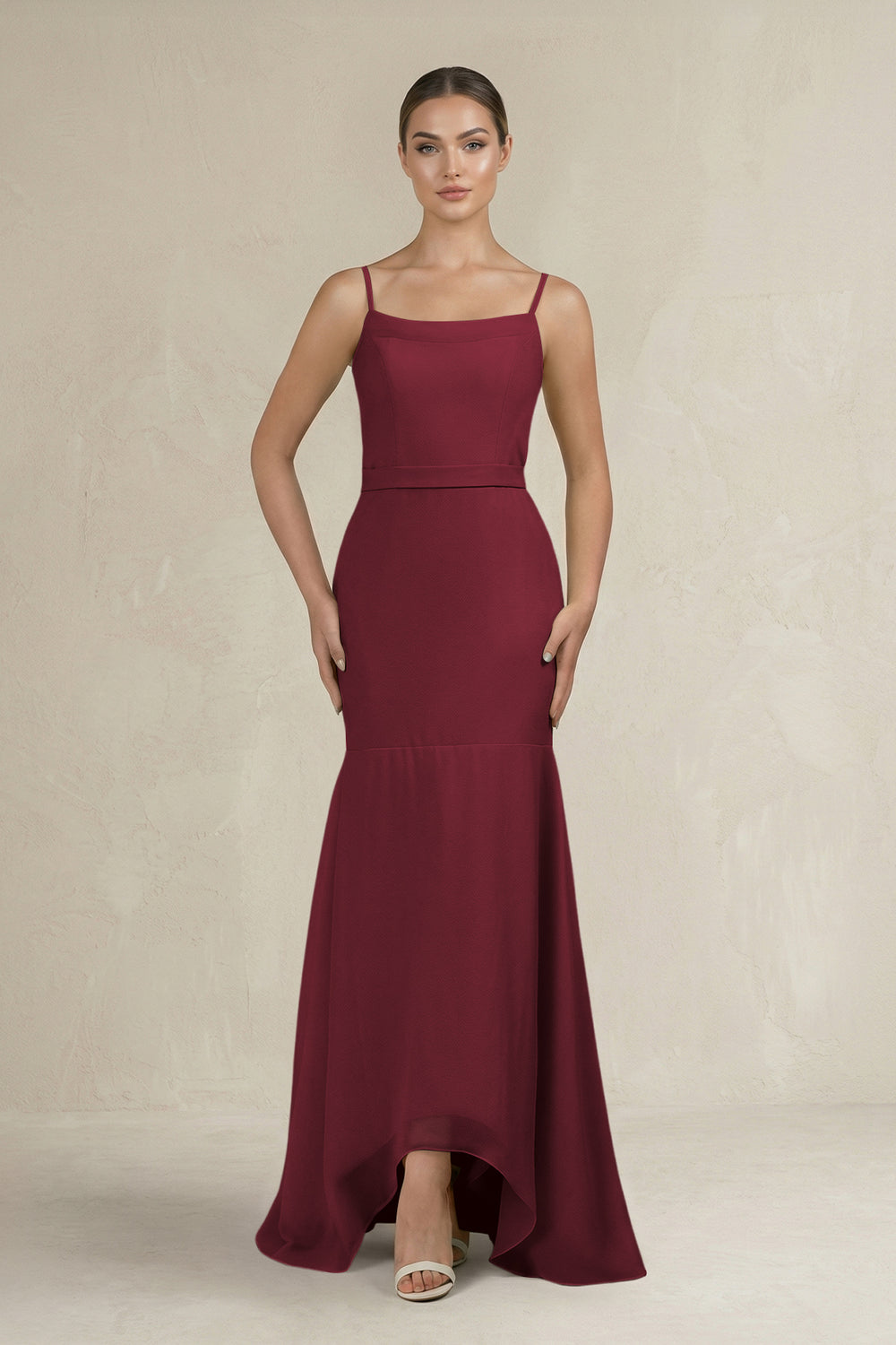 Cami Strap Mermaid Ruffled Chiffon Bridesmaid Dress in Berry