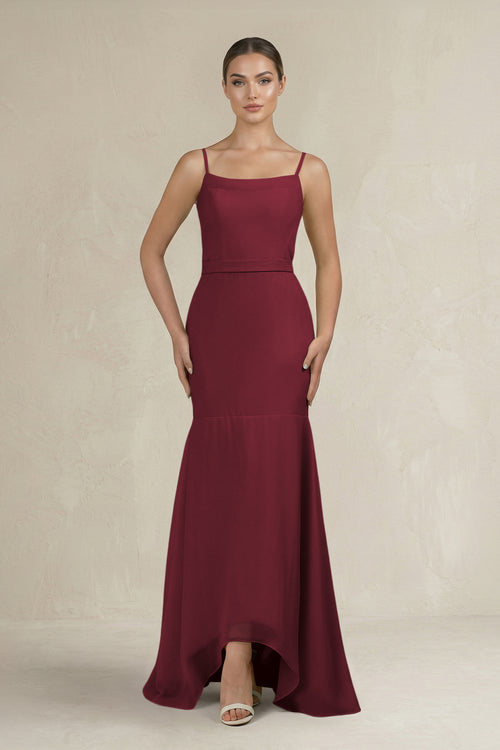 Cami Strap Mermaid Ruffled Chiffon Bridesmaid Dress in Berry | KISSBRIDAL