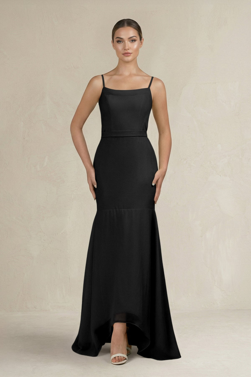 Cami Strap Mermaid Ruffled Chiffon Bridesmaid Dress in Black - SHE IS ME Bridesmaid Dresses