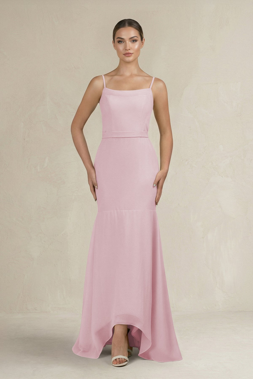 Cami Strap Mermaid Ruffled Chiffon Bridesmaid Dress in Candy Pink - SHE IS ME Bridesmaid Dresses