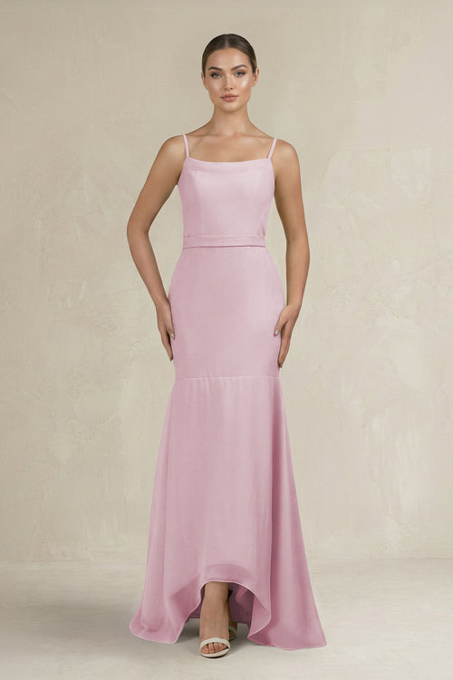 Cami Strap Mermaid Ruffled Chiffon Bridesmaid Dress in Candy Pink | KISSBRIDAL