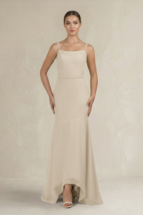 Cami Strap Mermaid Ruffled Chiffon Bridesmaid Dress in Champagne - KISS BRIDAL Bridesmaid Dresses