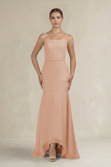 Cami Strap Mermaid Ruffled Chiffon Bridesmaid Dress in Champagne Rose - KISS BRIDAL Bridesmaid Dresses