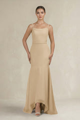 Cami Strap Mermaid Ruffled Chiffon Bridesmaid Dress in Champagne | KISSBRIDAL