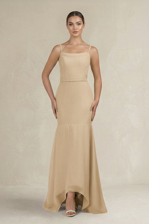 Cami Strap Mermaid Ruffled Chiffon Bridesmaid Dress in Champagne | KISSBRIDAL