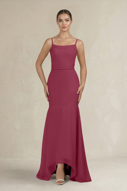 Cami Strap Mermaid Ruffled Chiffon Bridesmaid Dress in Desert Rose - SHE IS ME Bridesmaid Dresses